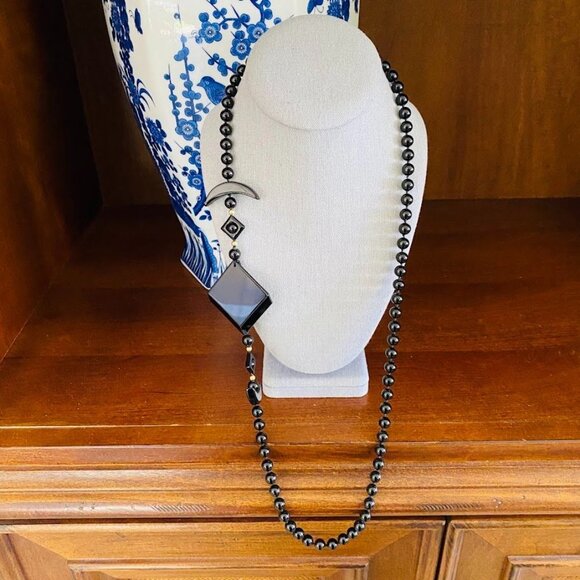 Vintage Obsidian Beaded Statement Necklace with Geometric Black Pendant - Picture 3 of 4
